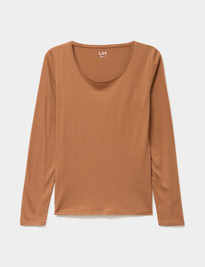 T-shirt coton col rond manches longues marron clair femme