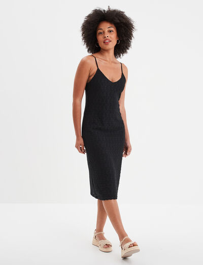 Robe housse col en V aspect ajouré noir femme