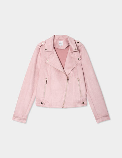 Veste courte esprit biker effet suédine mauve femme
