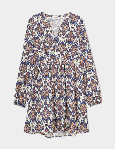 Robe col tunisien courte évasée fluide ecru femme