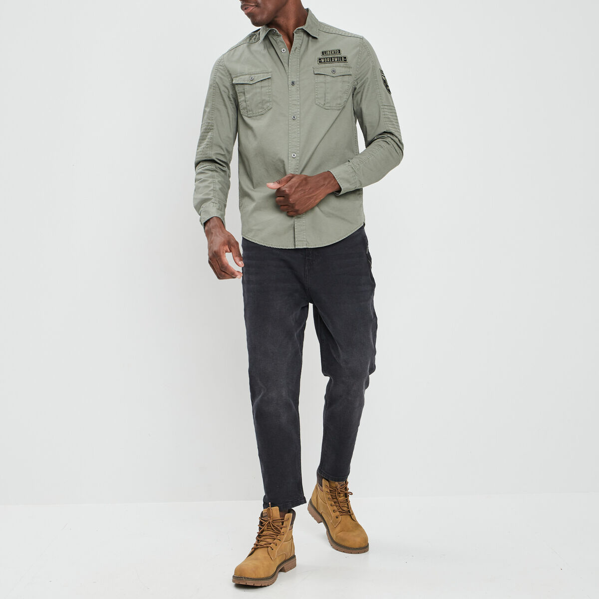 Chemise coton manches longues vert kaki homme