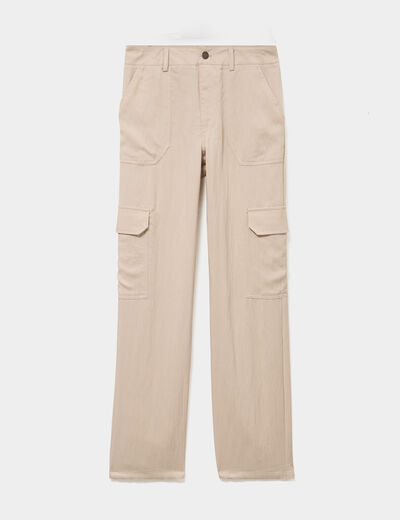 Pantalon cargo taille &eacute;lastiqu&eacute;e lyocell beige femme