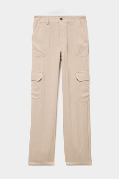Pantalon cargo taille &eacute;lastiqu&eacute;e lyocell beige femme