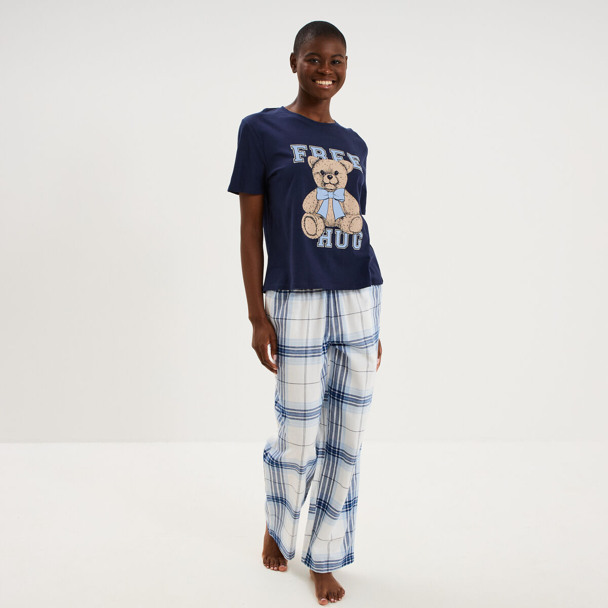 Ensemble pyjama pantalon t-shirt coton bleu femme