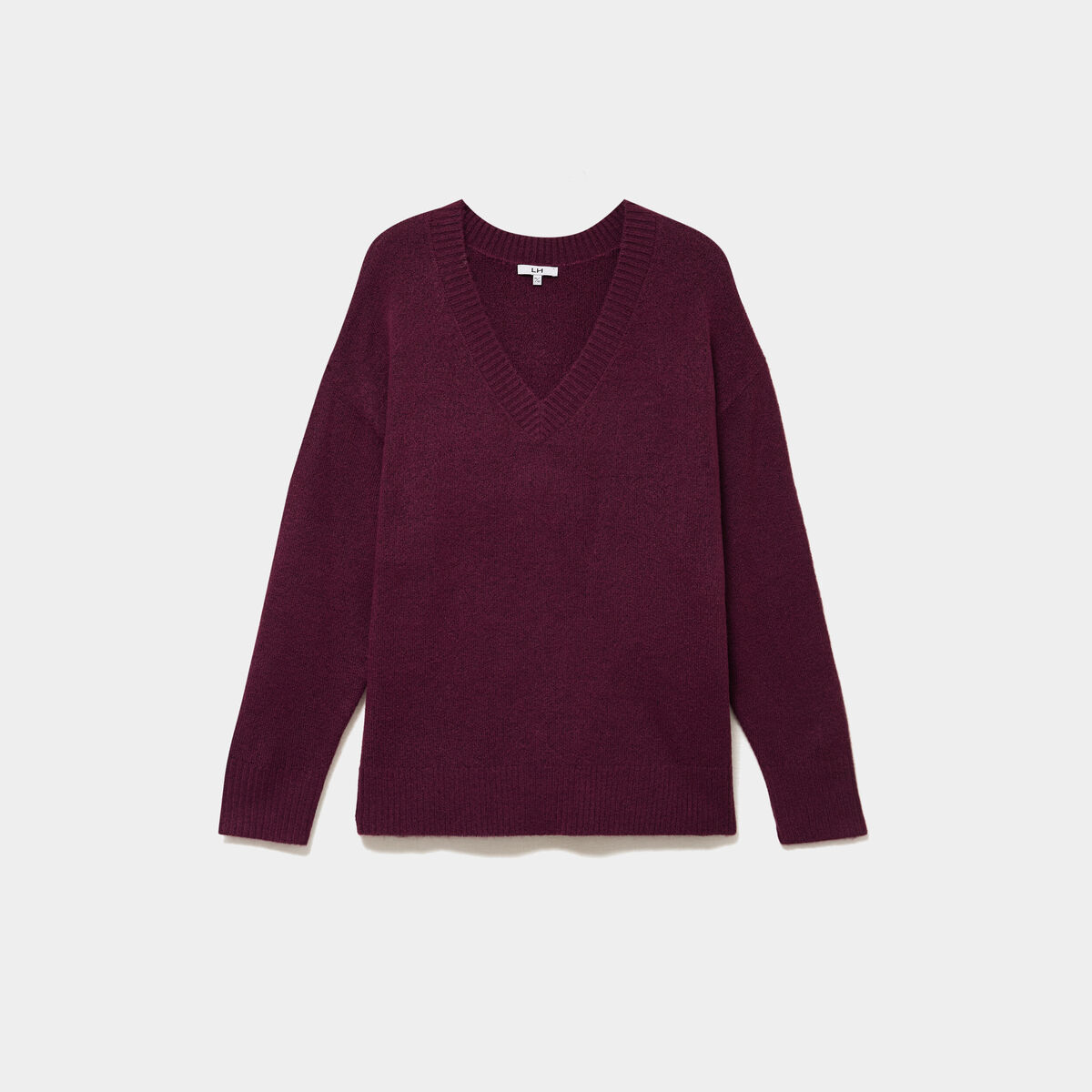 Pull droit col en V manches longues prune femme grande taille