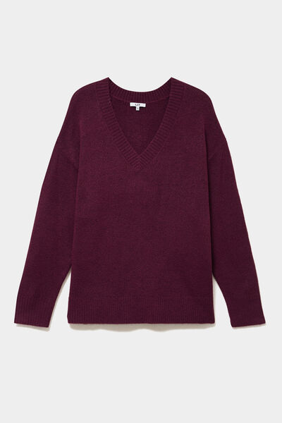 Pull droit col en V manches longues prune femme grande taille