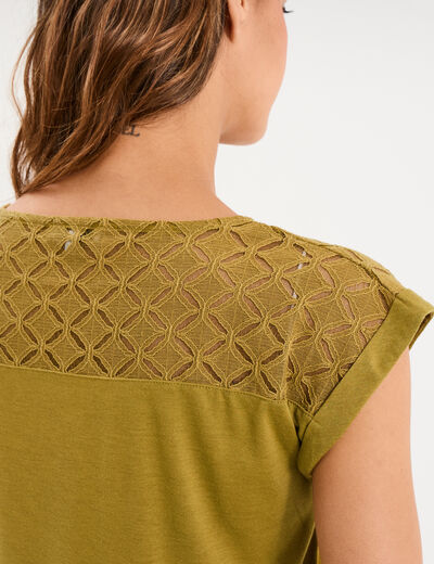 T-shirt col en V ajour&eacute; &eacute;paules et dos vert olive femme