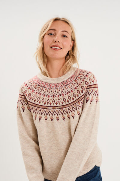 Pull jacquard col rond manches longues ecru femme