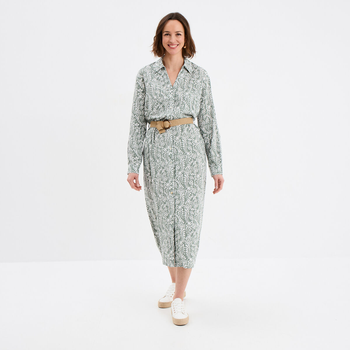 Robe chemise longue avec ceinture vert kaki femme