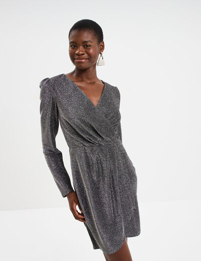 Robe paillettes portefeuille courte gris argent femme