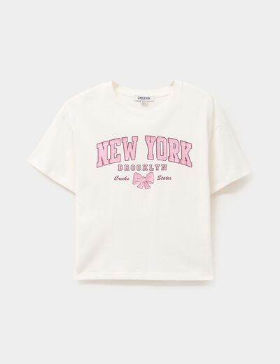 T-shirt col rond manches courtes coton ivoire fille