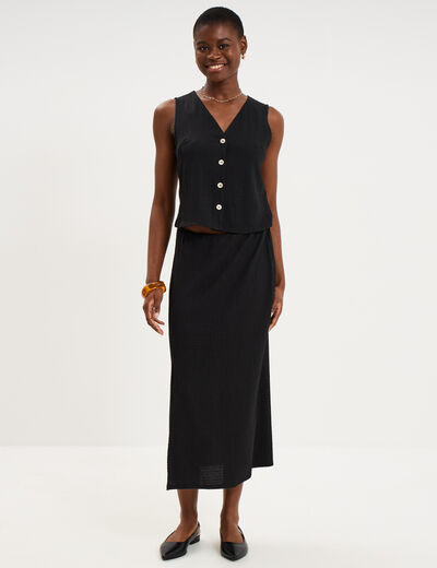 Jupe longue gaufr&eacute;e fluide noir femme