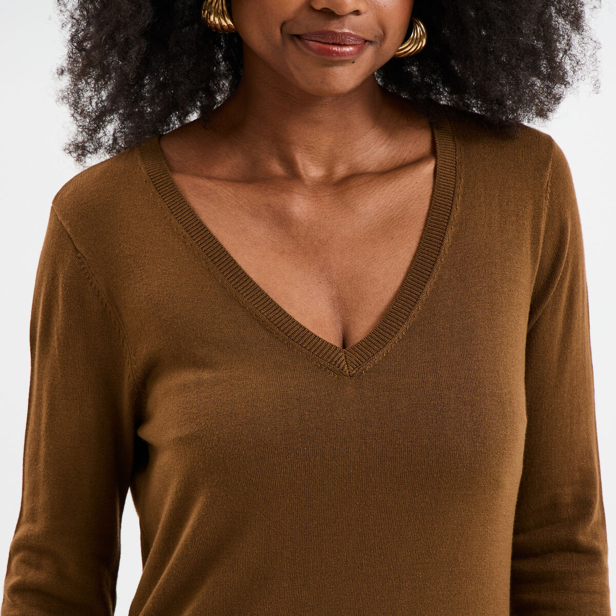 Pull col en V manches longues taupe femme
