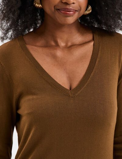 Pull col en V manches longues taupe femme
