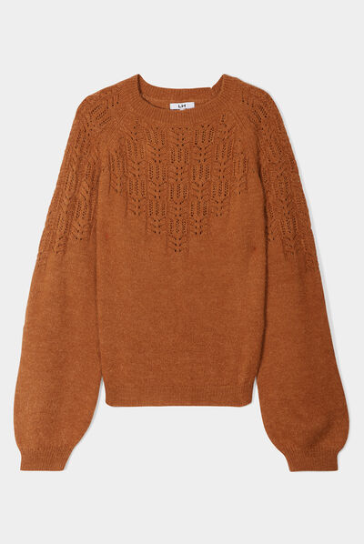 Pull manches ballons détails ajourés marron cognac femme