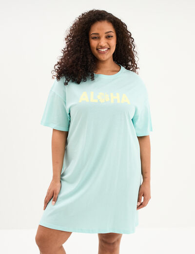 Chemise de nuit courte en coton bleu turquoise femme grande taille