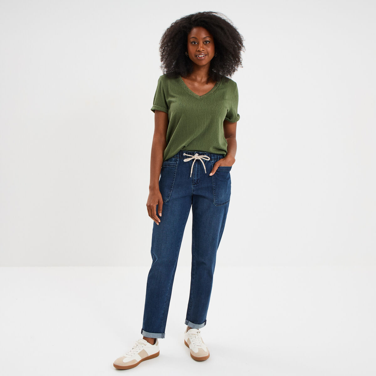 Jeans droit cropped taille &eacute;lastiqu&eacute;e bleu femme