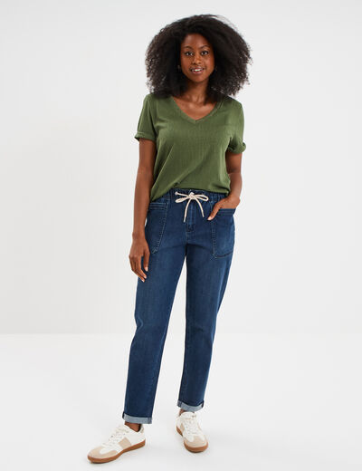 Jeans droit cropped taille &eacute;lastiqu&eacute;e bleu femme