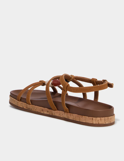 Sandales plates avec d&eacute;tails perles marron femme