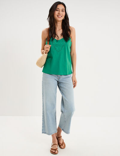 D&eacute;bardeur avec broderie anglaise coton vert canard femme