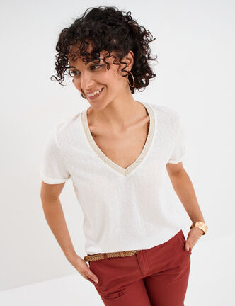 T-shirt col en V manches courtes blanc femme