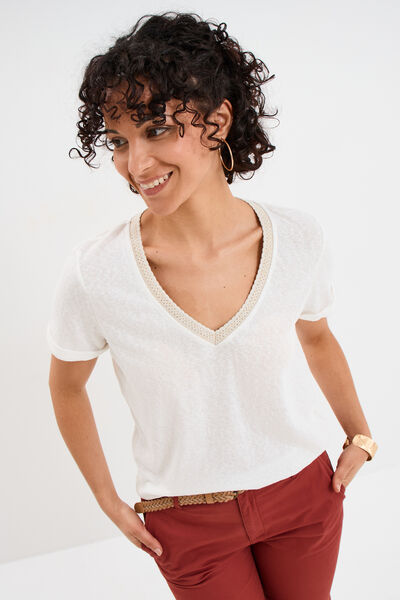 T-shirt col en V manches courtes blanc femme
