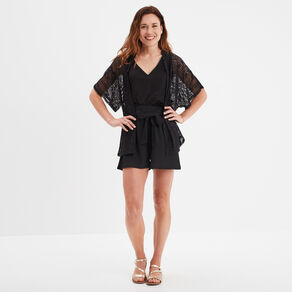 Short fluide taille élastiquée ceinturée noir femme