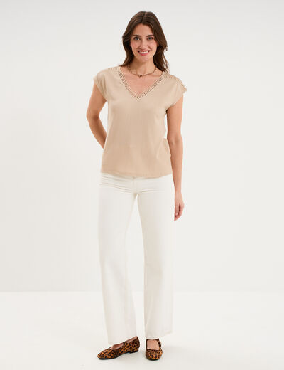 T-shirt col en V manches courtes beige femme