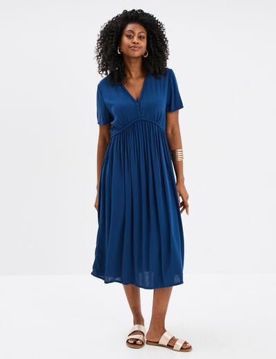 Robe midi fluide manches courtes bleu marine femme