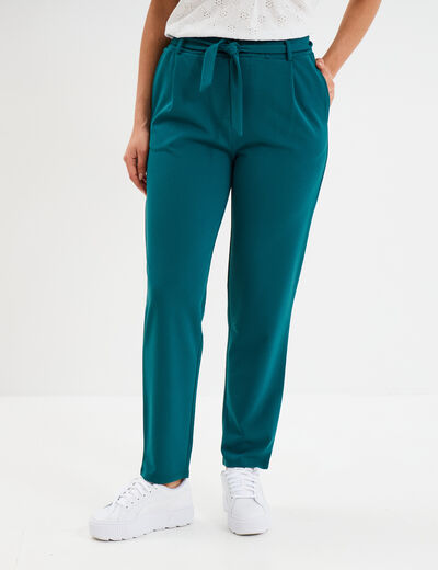 Pantalon city paperbag ceinturé 7/8ème vert foncé femme