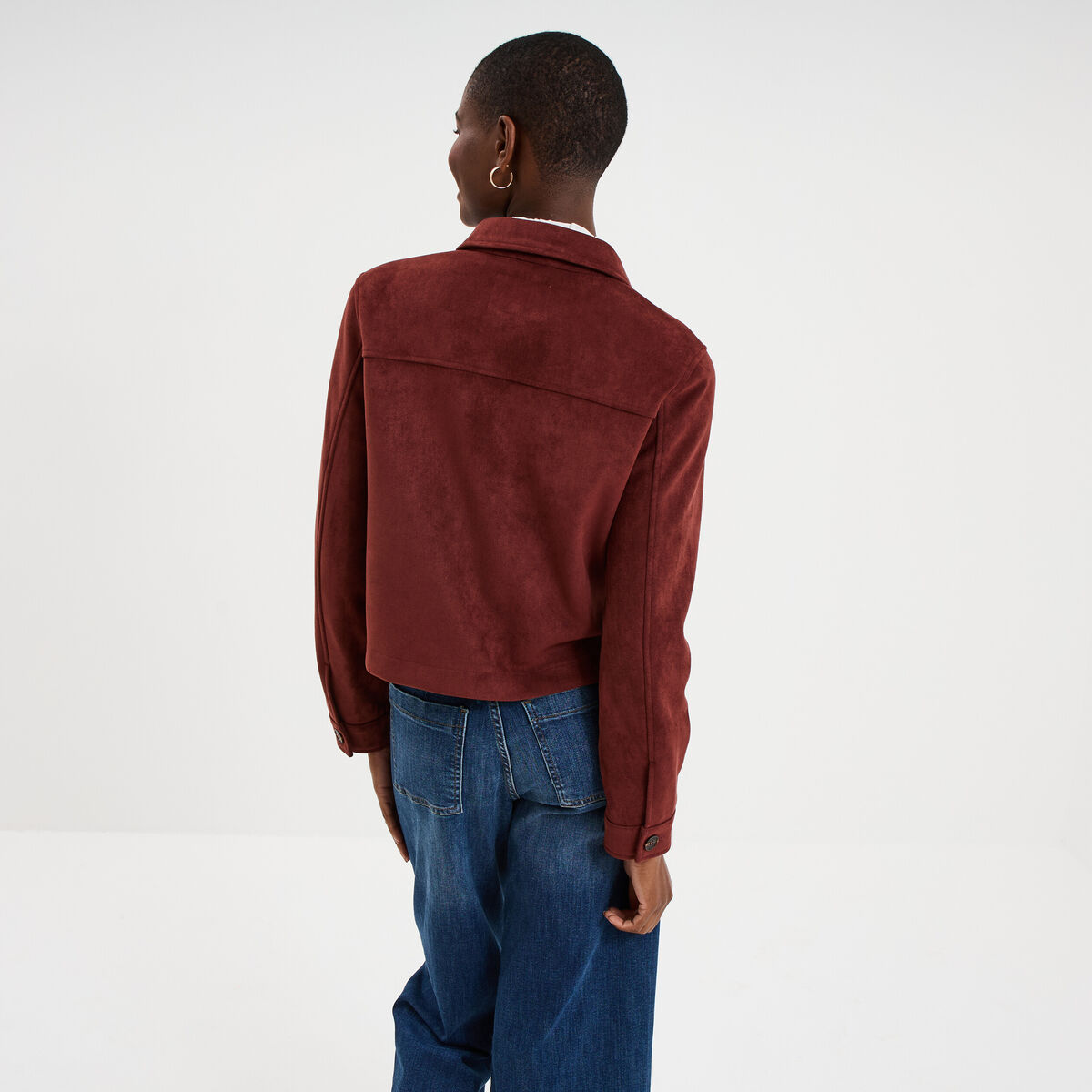 Veste effet su&eacute;dine boutonn&eacute;e bordeaux femme