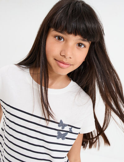 T-shirt manches courtes col rond coton ecru fille