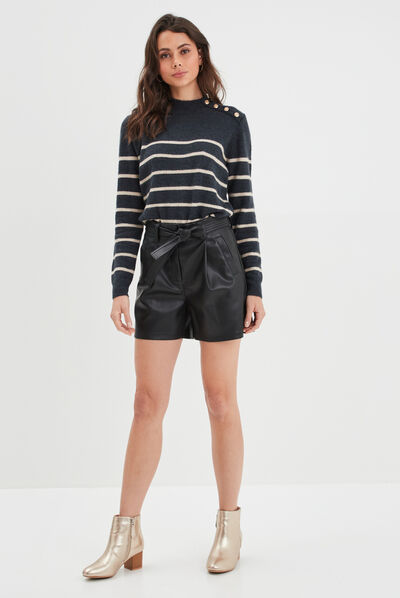 Short simili cuir large ceinturé noir femme