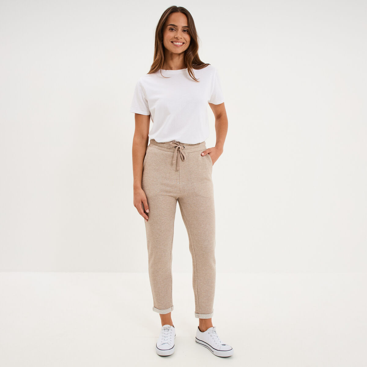 Pantalon jogging taille haute beige femme