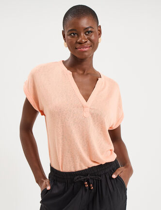 T-shirt col tunisien manches courtes rose saumon femme