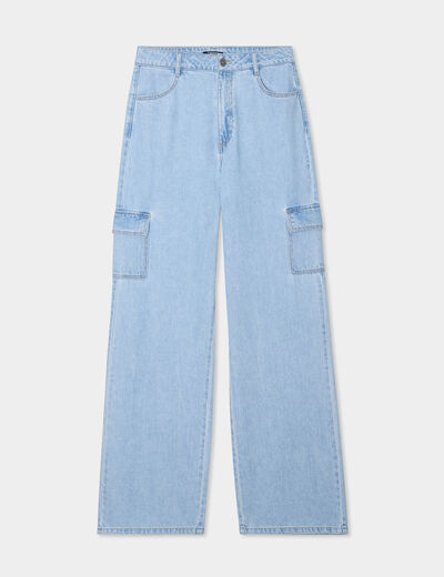 Jeans cargo large coton denim triple stone femme