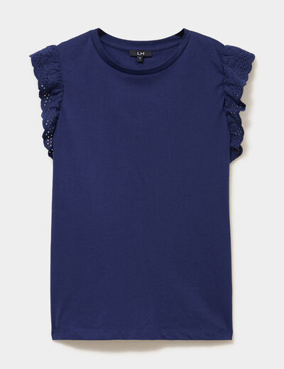 D&eacute;bardeur volants broderie anglaise bleu fonc&eacute; femme