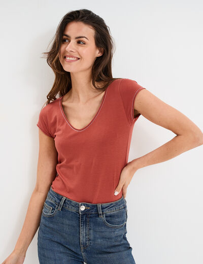 T-shirt col V ajusté manches courtes vieux rose femme