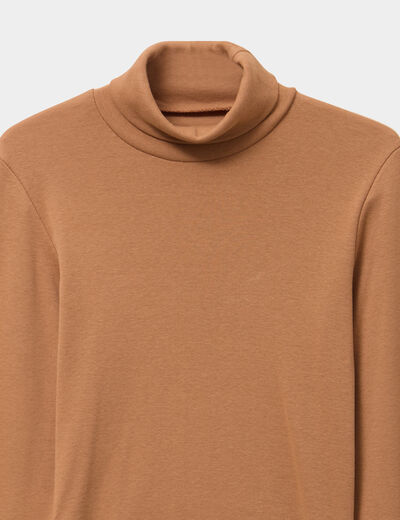 T-shirt coton col roul&eacute; manches longues camel gar&ccedil;on