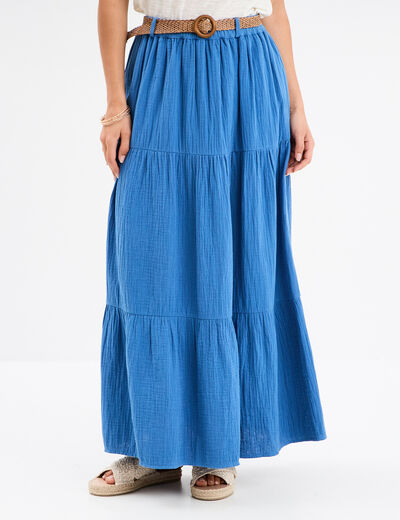Jupe longue gaze de coton ceinturée bleu foncé femme