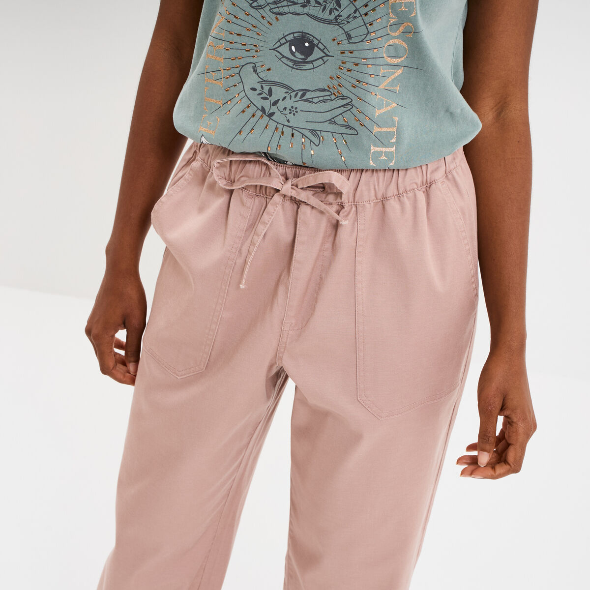 Pantalon droit battle taille élastiquée rose poudrée femme