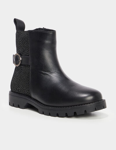 Bottines à strass en cuir noir fille