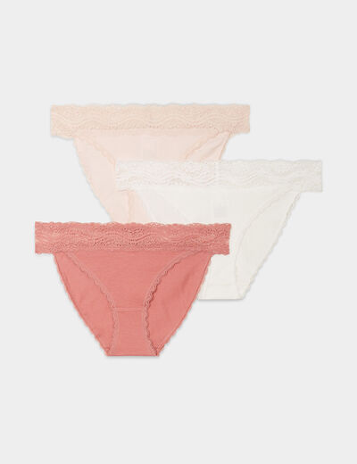 Lot 3 culottes en coton détail dentelle rose clair femme