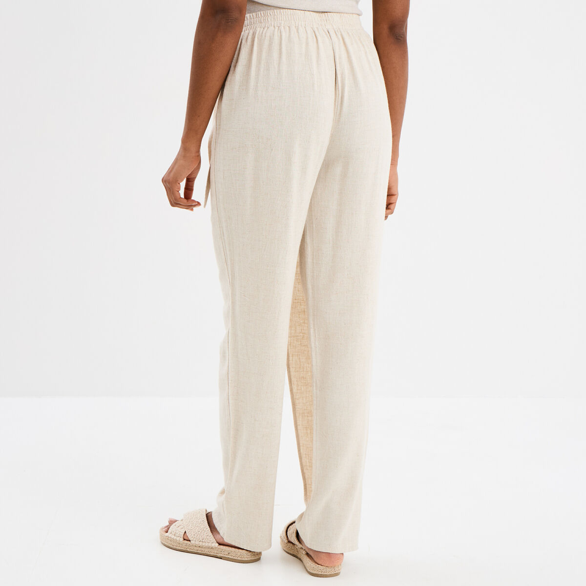 Pantalon cigarette à nouer lin mélangé beige femme