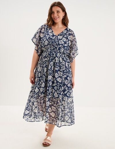 Robe longue taille smock&eacute;e bleu marine femme grande taille