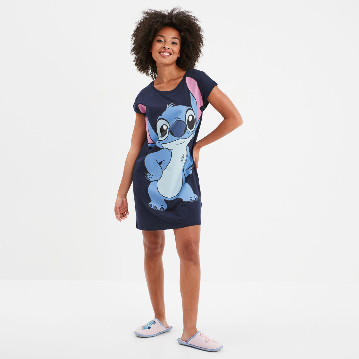 Chemise de nuit manches courtes Stitch bleu marine femme