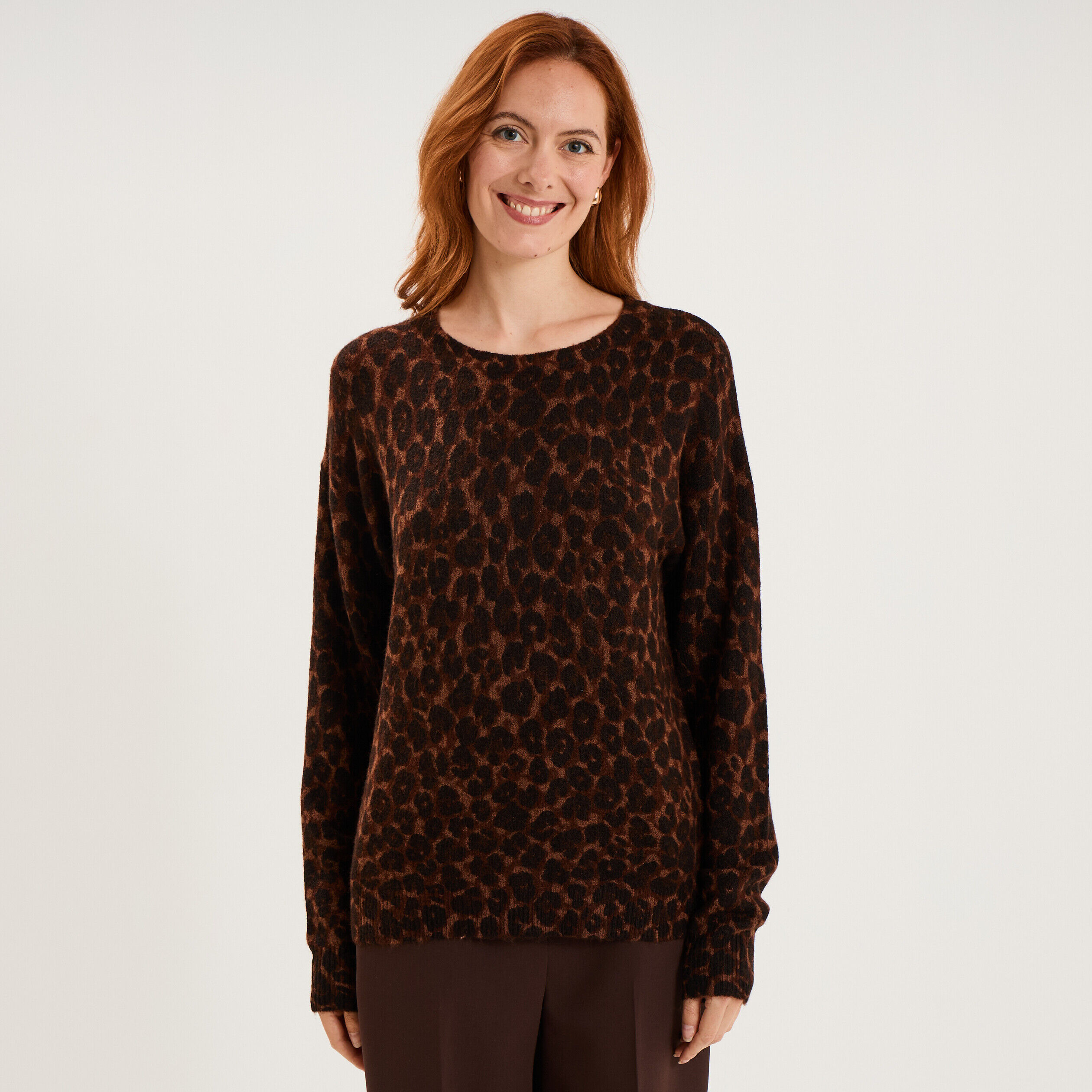 Pull droit col rond manches longues marron femme LH