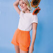 Short taille élastiquée gaze de coton orange corail femme
