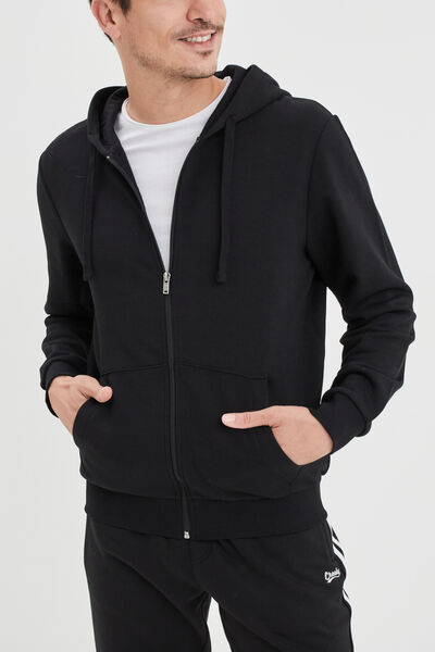 Sweat zipp&eacute; molleton &agrave; capuche noir homme