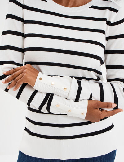 Pull col rond boutons aux poignets ecru femme